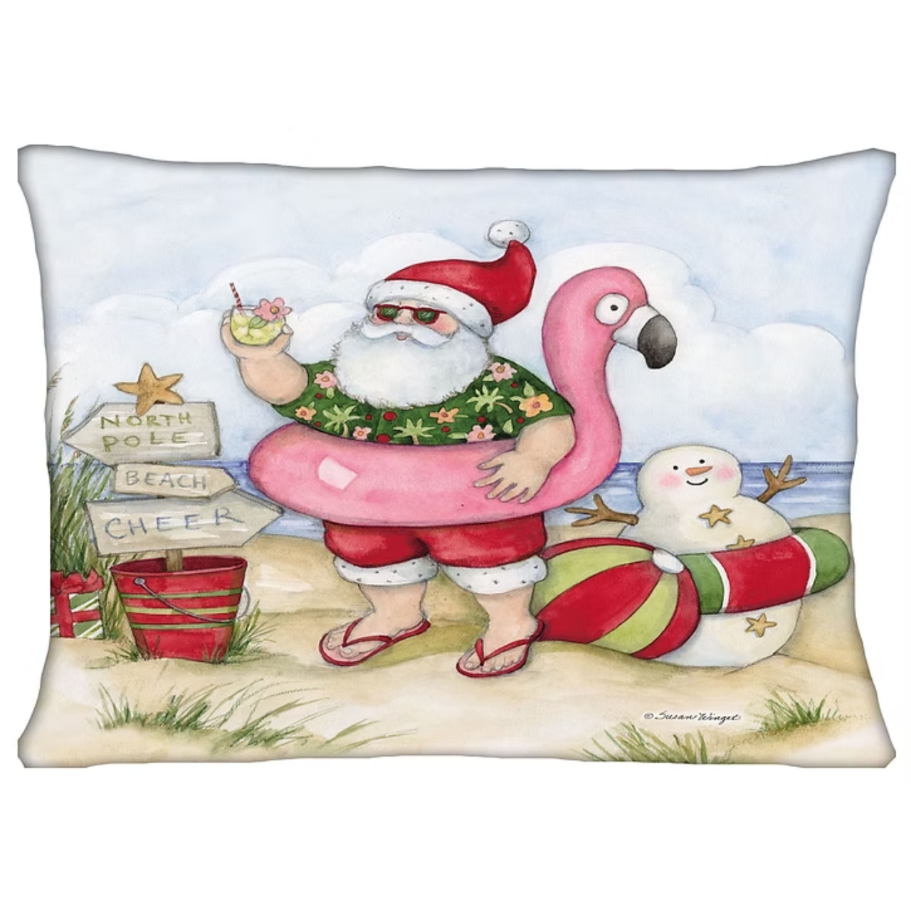 Accent Pillow Beach Santa with Flamingo