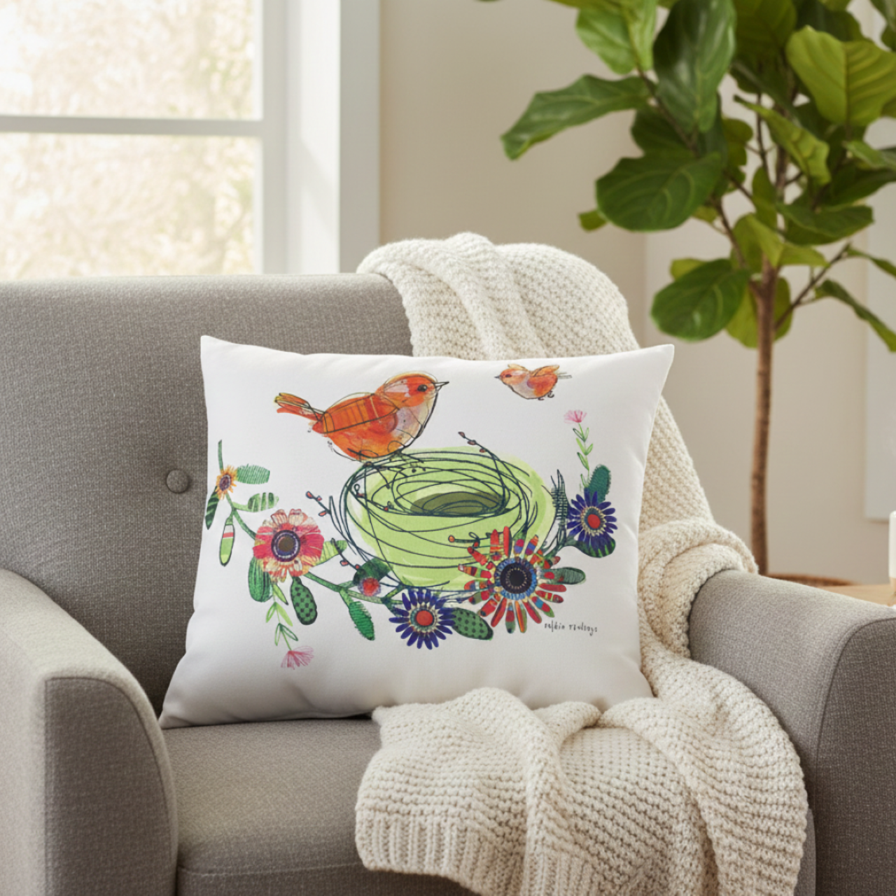Accent Pillow Spring Birds in Nest